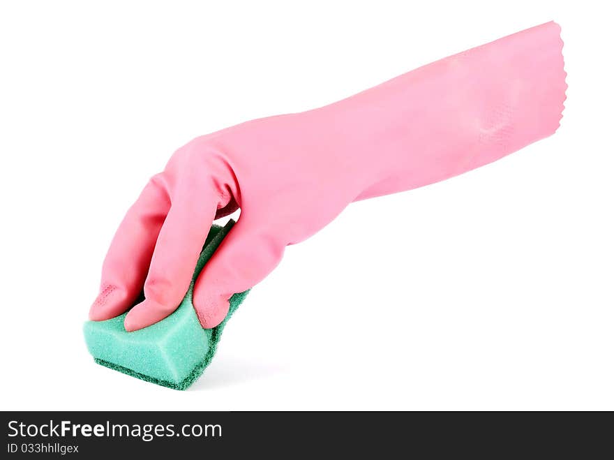 Gloved hand holding a kitchen sponge isolated on a white background