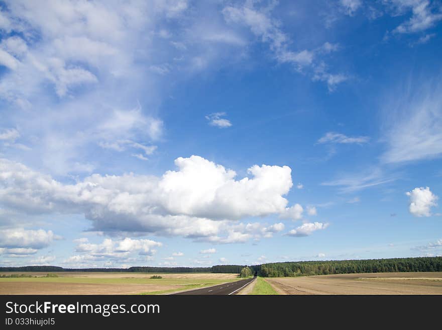 Asphalt road in green meadow