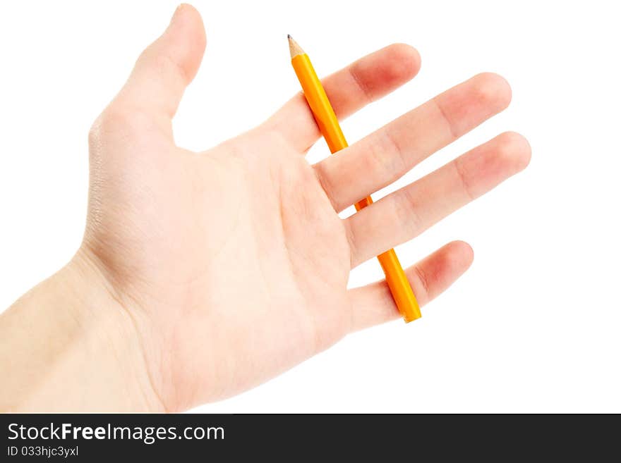 Hand hold pencil. Isolated. Solution