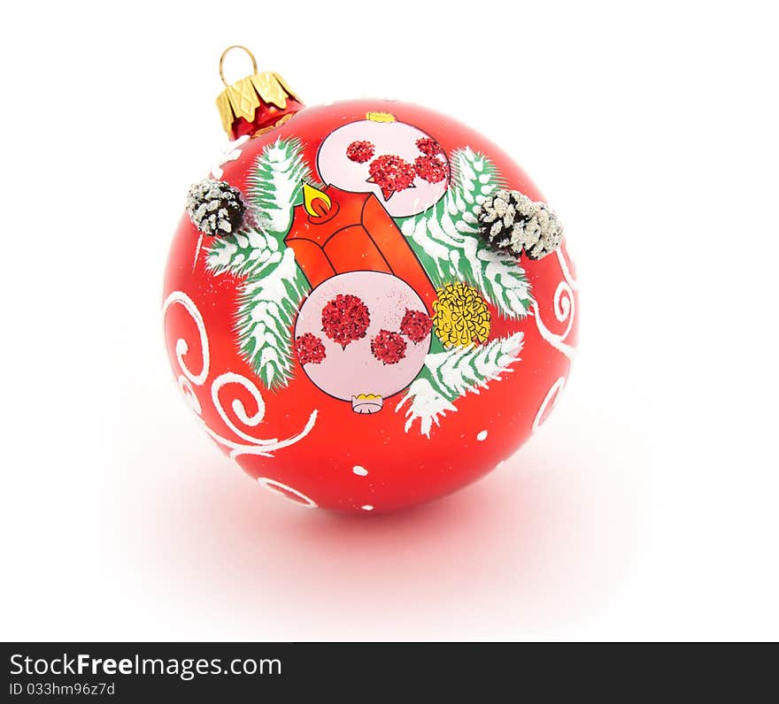 Christmas-tree glass decorations. Red ball isolated. Textured surface.