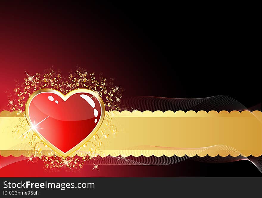 Heart of red glass with golden flowers and sparkling stars. Heart of red glass with golden flowers and sparkling stars.