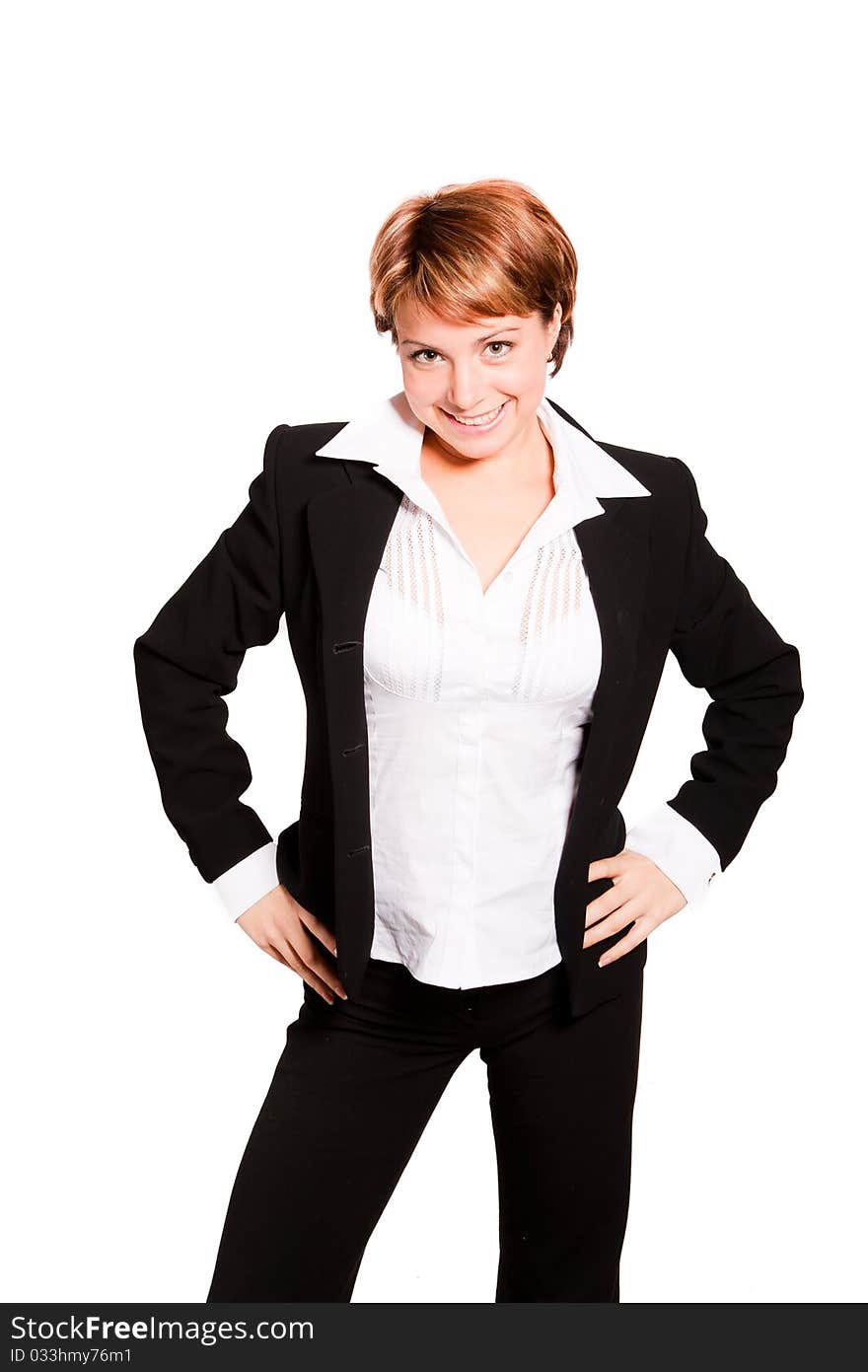 Beautiful business woman standing on white background