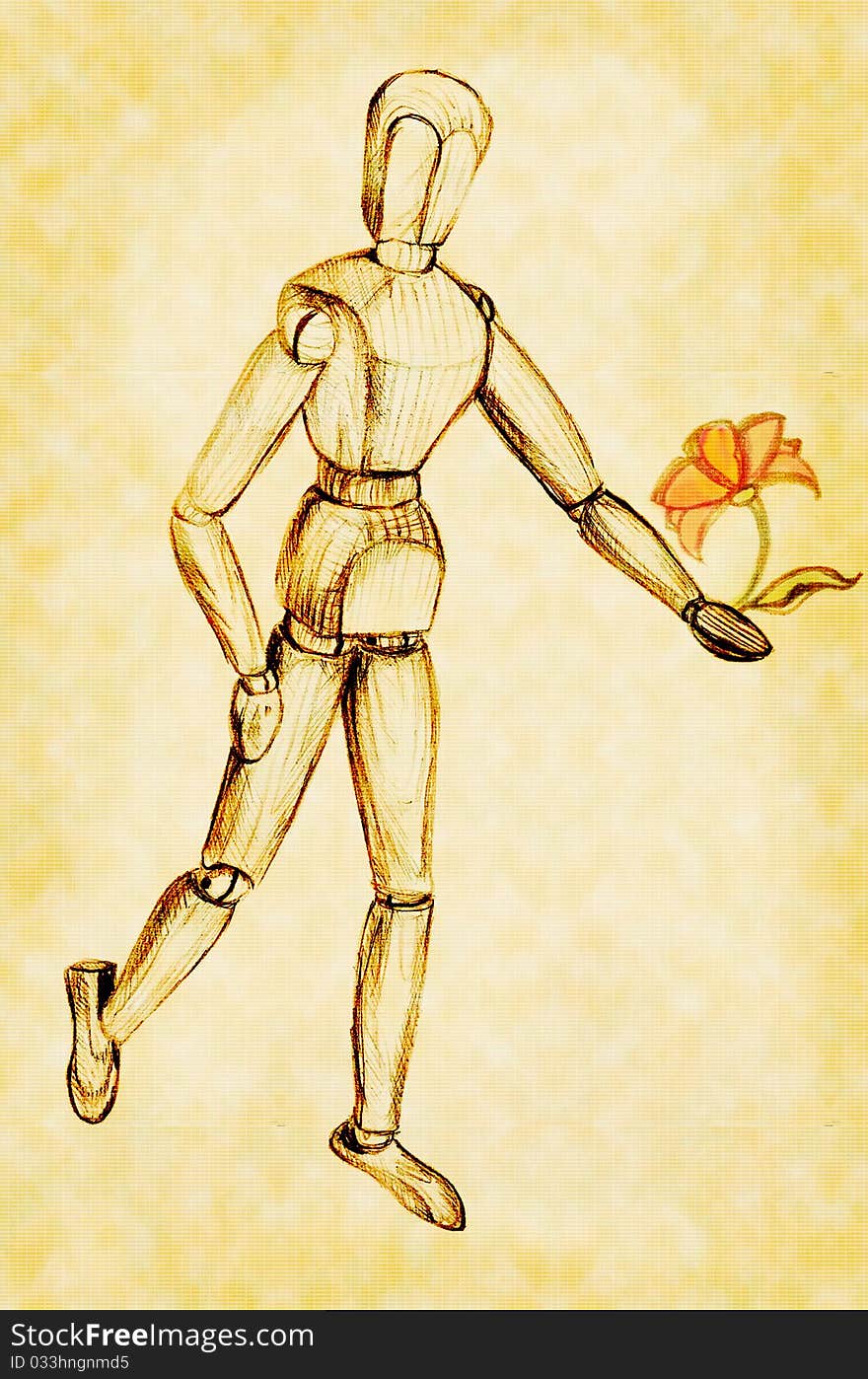 Wooden mannequins carries in his hand a flower, pencil drawing. Wooden mannequins carries in his hand a flower, pencil drawing