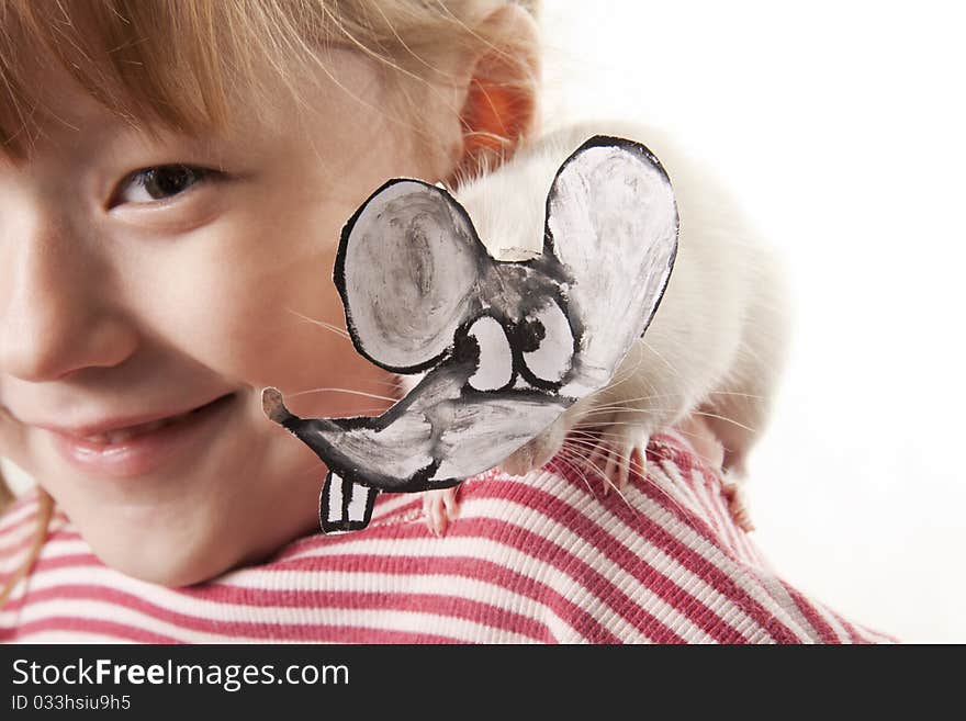 Creative little girl and its rat in a mask of a rat. Creative little girl and its rat in a mask of a rat