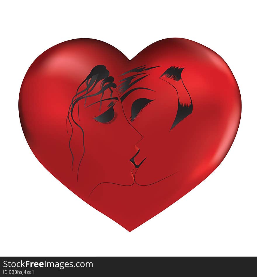 Vector hand drawn loved couple on red heart.