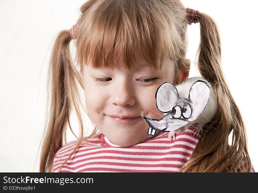 Creative little girl and its rat in a mask of a rat. Creative little girl and its rat in a mask of a rat