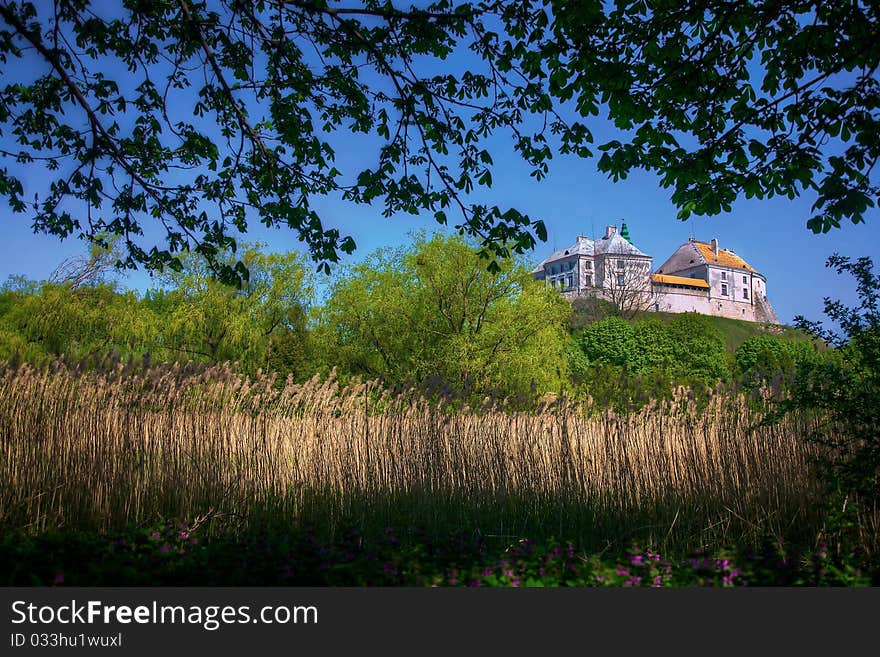 View on the old beautiful castle through trees. View on the old beautiful castle through trees