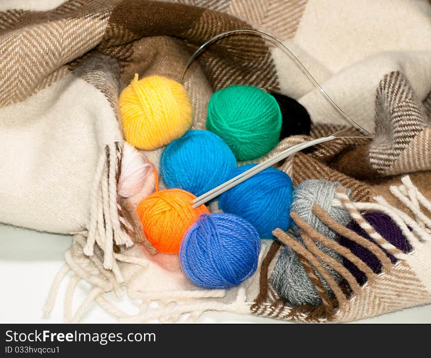 A set of color woolen clews for knitting in a rug. A set of color woolen clews for knitting in a rug