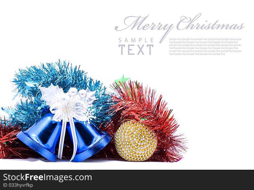 Blue christmas bell and silver bow ribon on white background with copy space. Blue christmas bell and silver bow ribon on white background with copy space