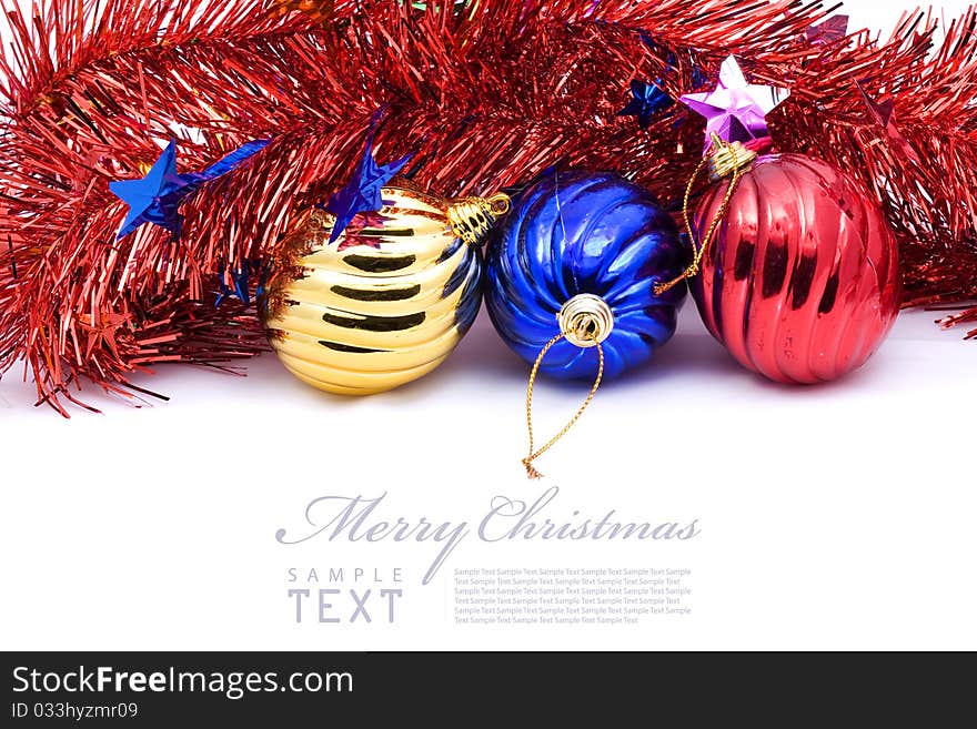 Red and blue christmas blubs on white background with copy space. Red and blue christmas blubs on white background with copy space