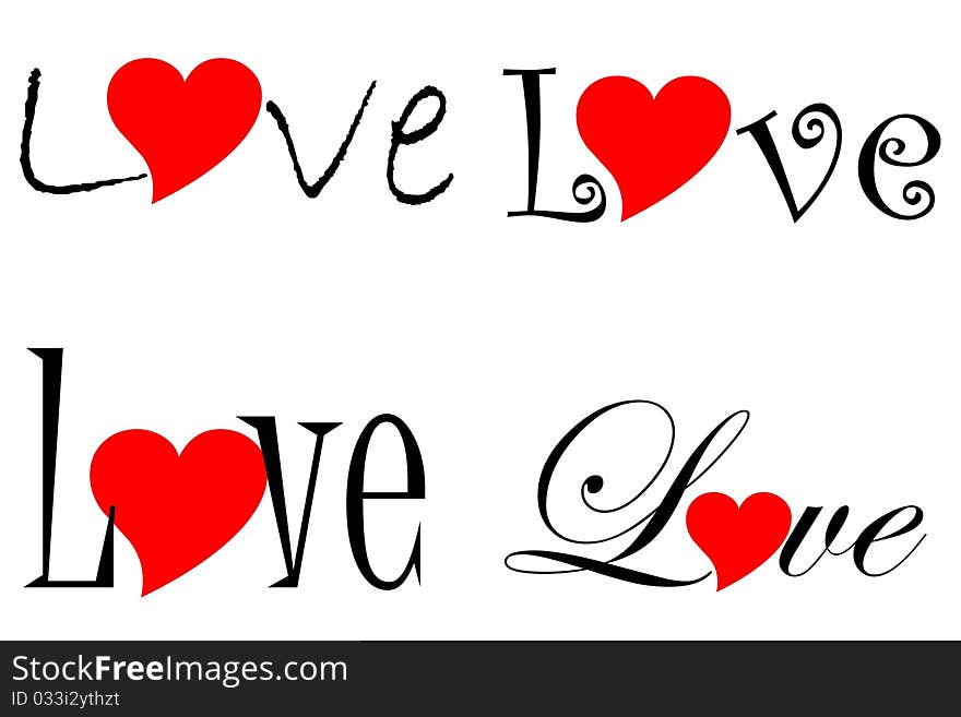 Collage of the word 'love' with red hearts as the letter 'o' in each word.