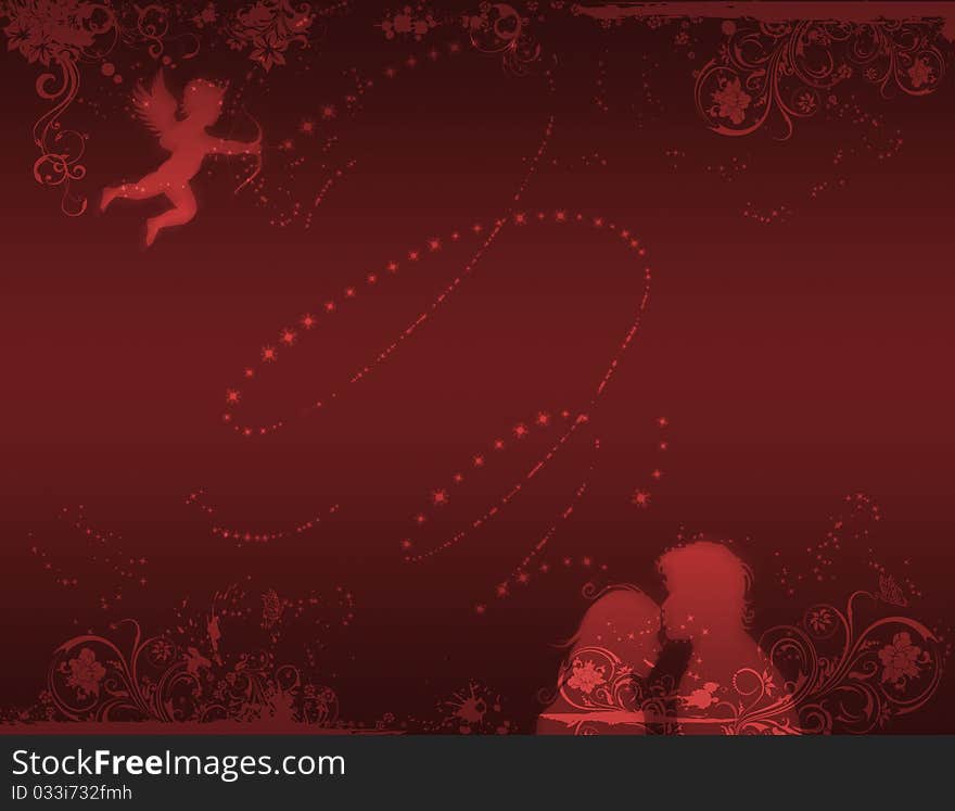 Colourful background of love with colors, the cupid with an arrow and kissing pair