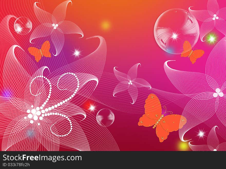 Background with abstract colors and lines, a background with butterflies, abstract flowers with curls, soap bubbles, a bright background with stars