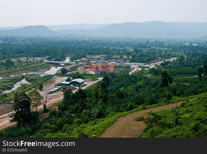 Bird eye view of dam construction site