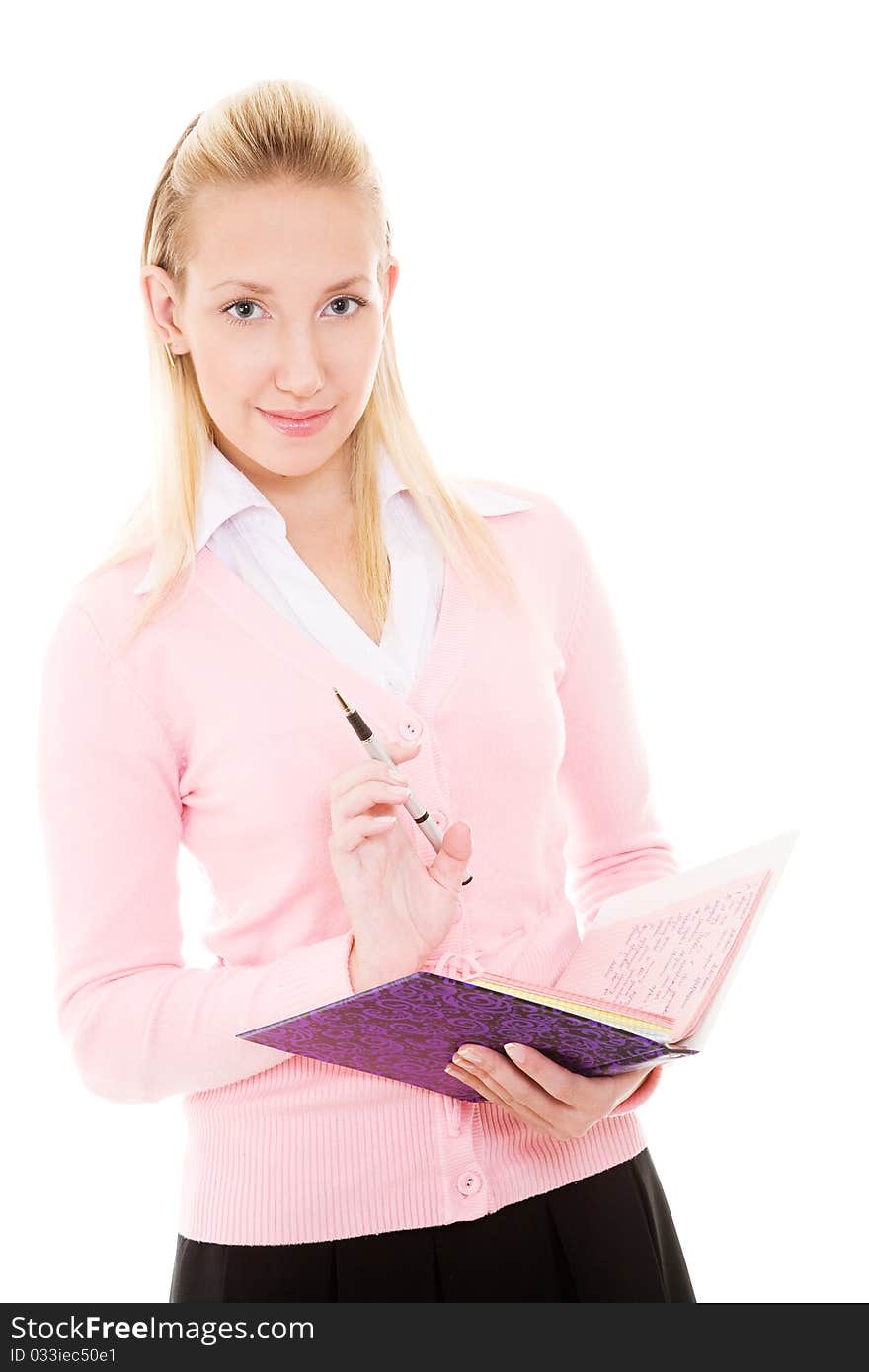 Student with pen and copybook isolated on white