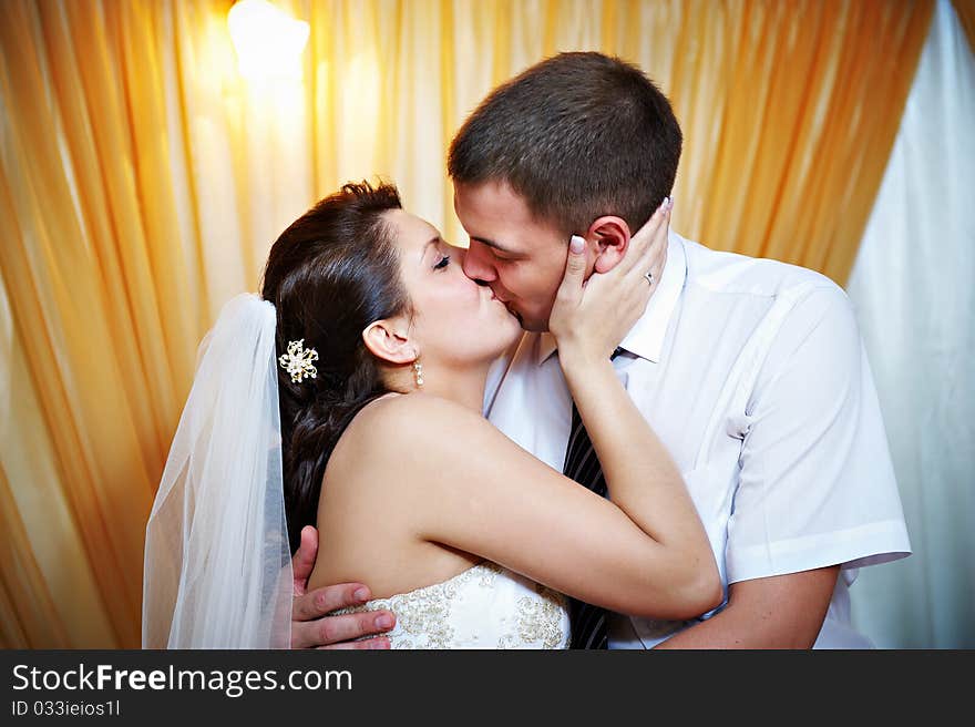 Romantic Kiss Happy Bride And Groom