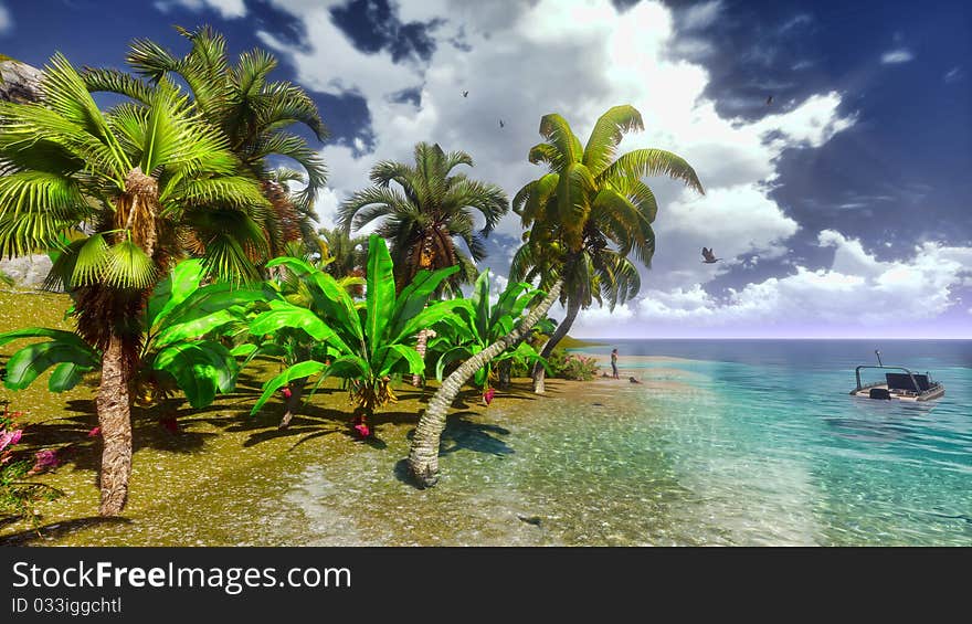 Hawaiian paradise beach with the boat in the sea