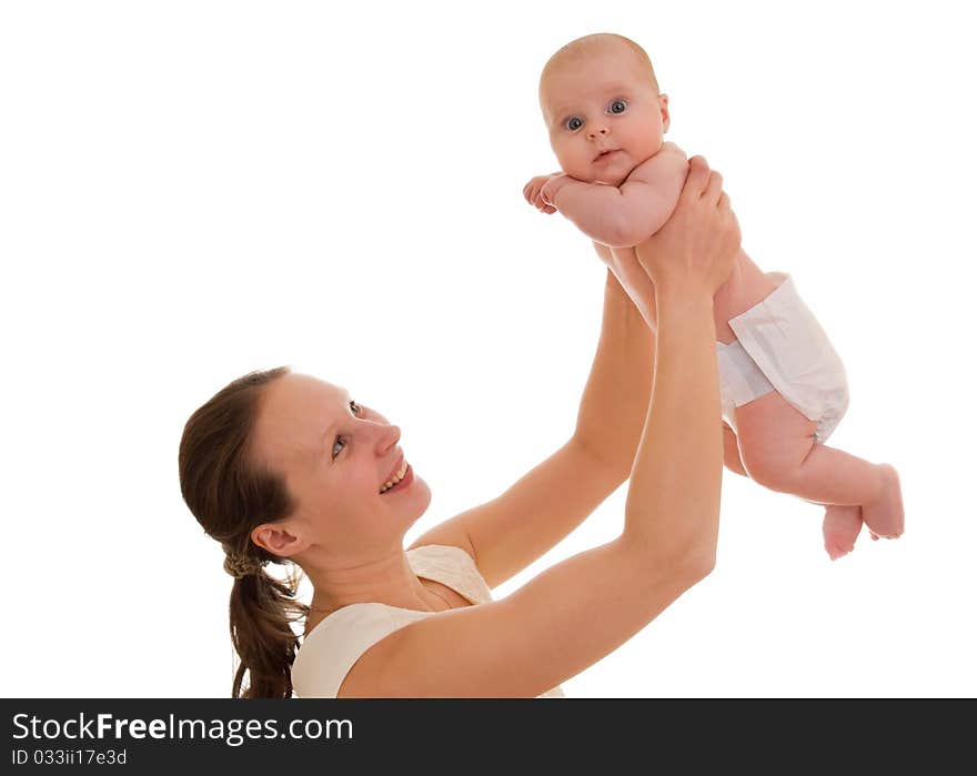 Mother enjoys her child on a white background. Mother enjoys her child on a white background.