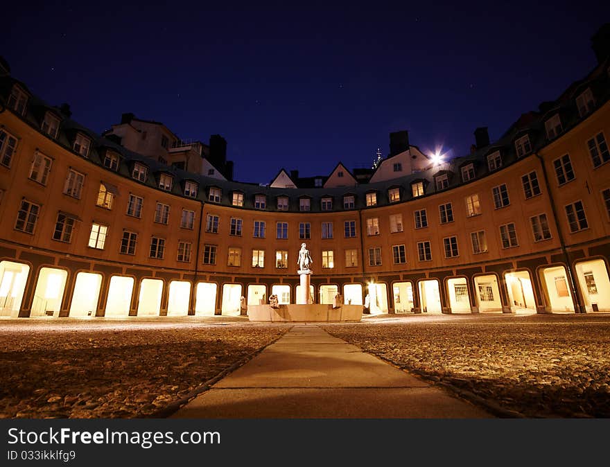 Round square with statue, night Stockholm, Sweden. Round square with statue, night Stockholm, Sweden