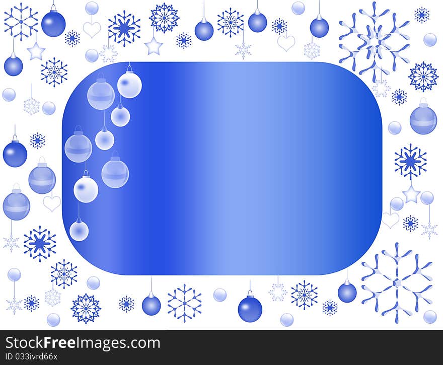 Holiday blue card with decoration balls and snowflakes