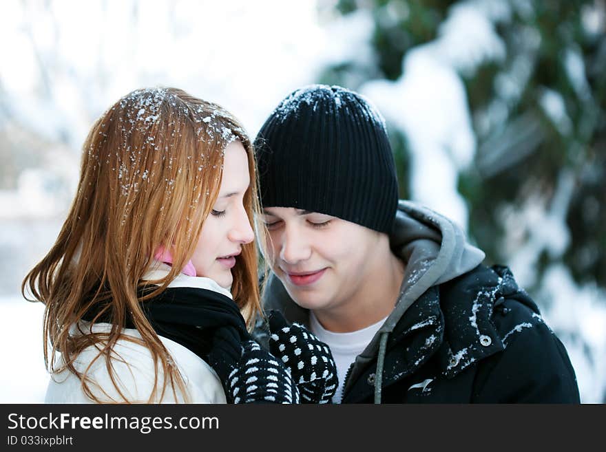 Young pair walks in wood, winter. Young pair walks in wood, winter