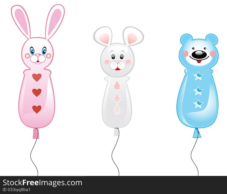 Three balloons with animals: isolated illustration. Three balloons with animals: isolated illustration