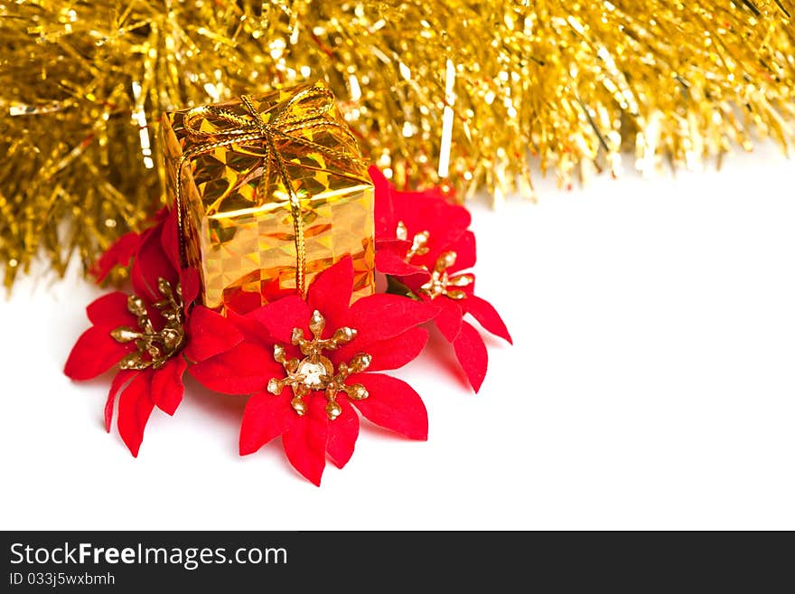 Christmas gift boxes with red poinsettia