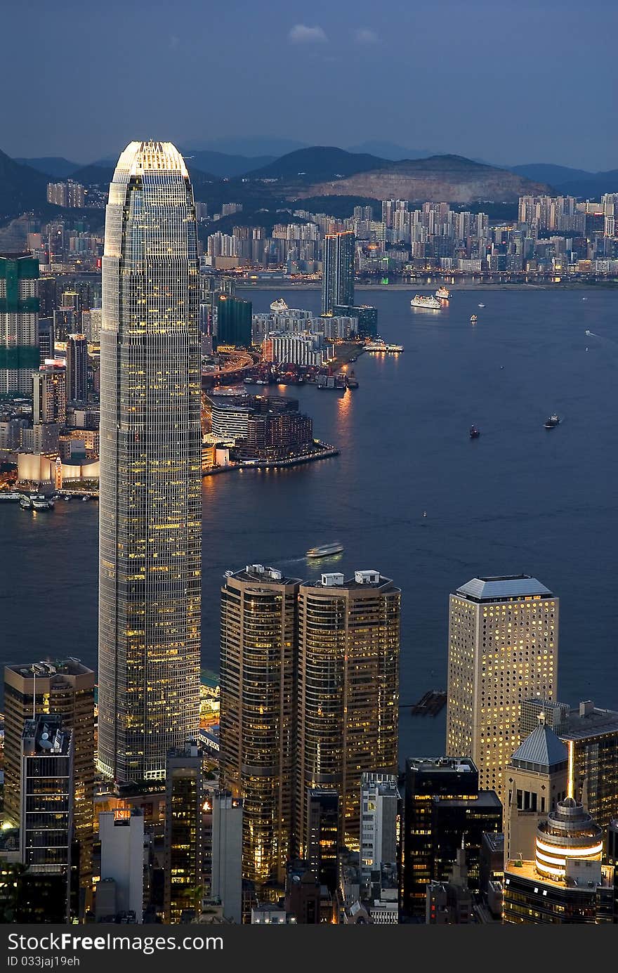 Victoria harbour and adjacent skyscrapers night scene taken from Victoria Peak. Victoria harbour and adjacent skyscrapers night scene taken from Victoria Peak.