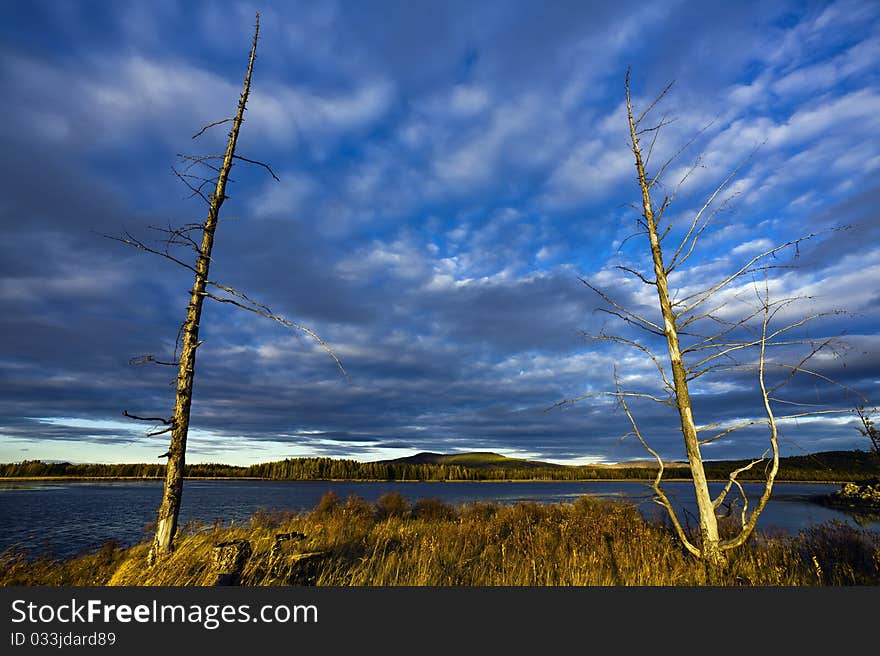 Sunset Under The Lake And Forest