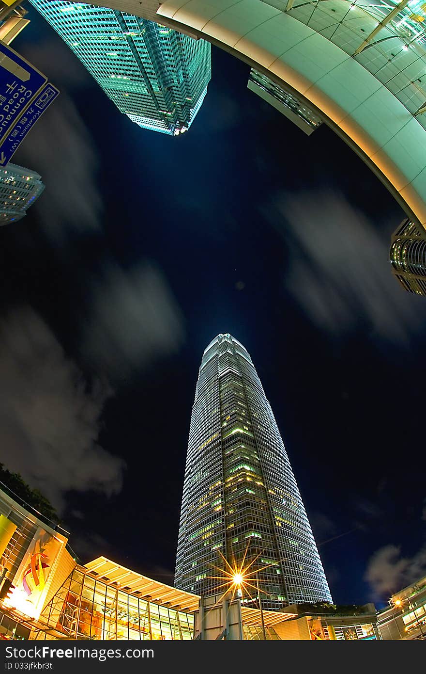 Fisheye View of Skyscrapers at Night