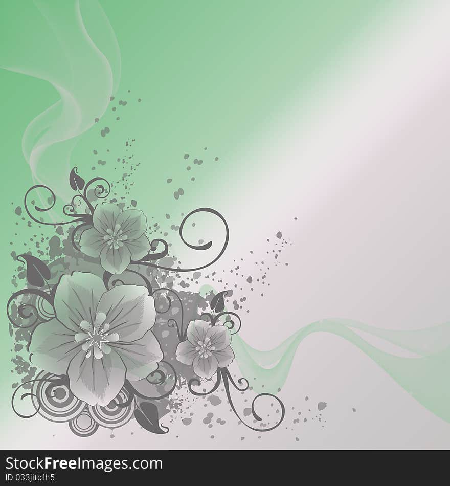 Flowers corner on green and silver background. Flowers corner on green and silver background