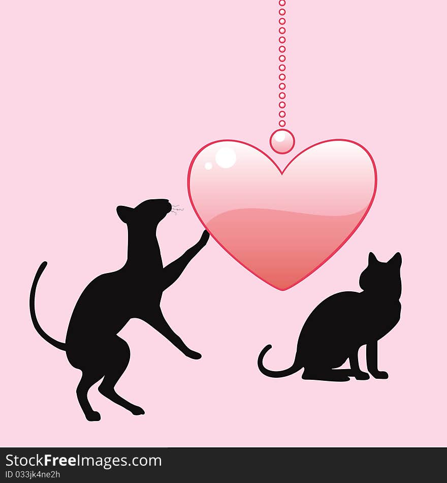 Black cats: silhouettes, pink heart. Black cats: silhouettes, pink heart