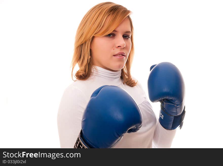 Businesswoman in boxing gloves ready to business fight. Businesswoman in boxing gloves ready to business fight