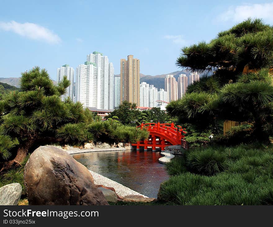 Red Bridge in the garden and the city