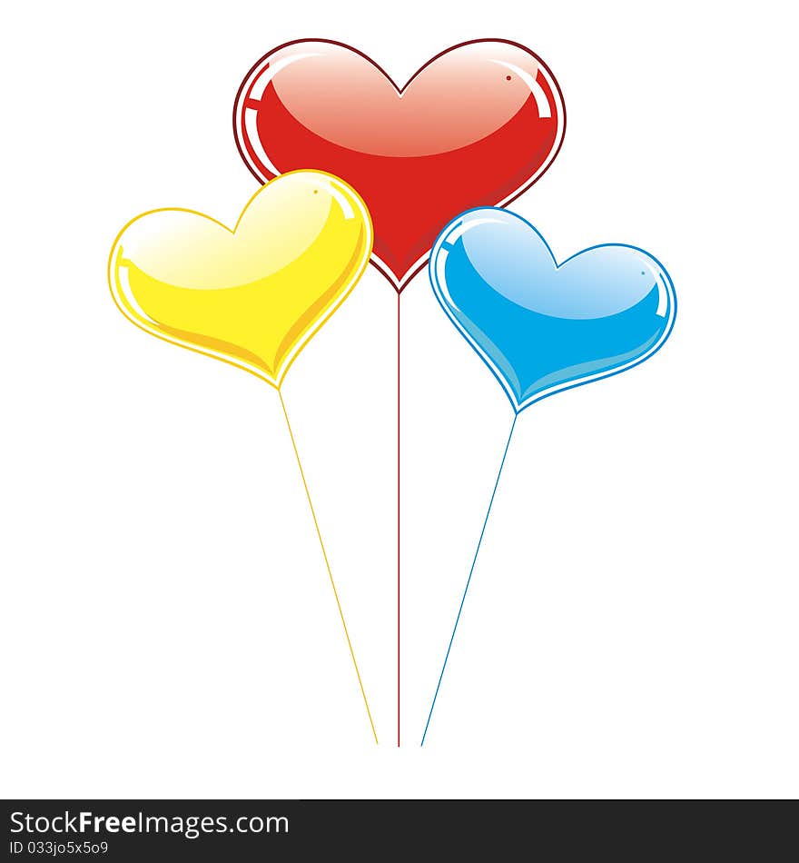 Three balloons in the form of hearts: isolated. Three balloons in the form of hearts: isolated