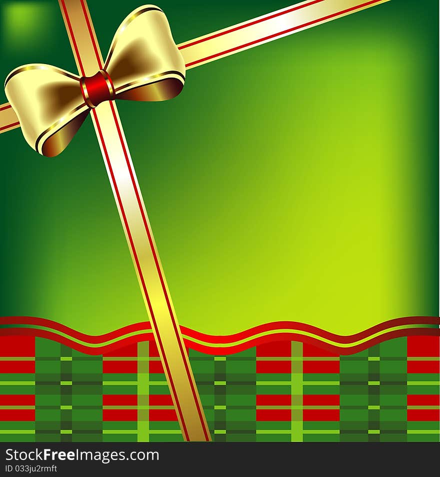 Gold bow on green background. Christmas card.