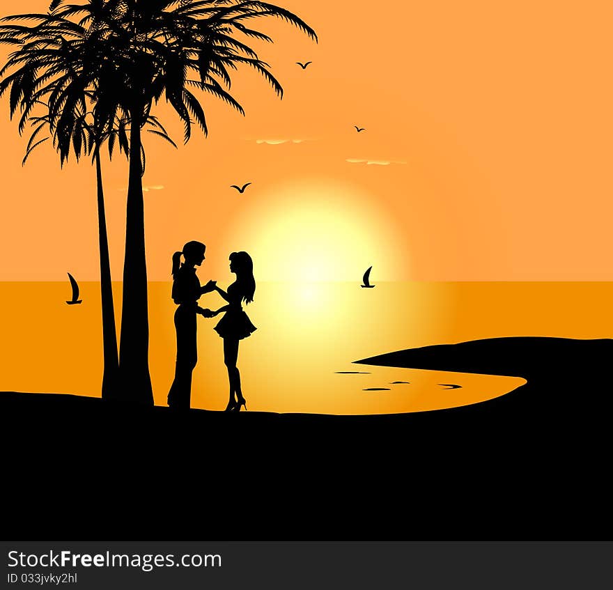 Dancing couple against a sunrise and the sea