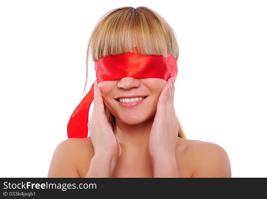 Charming portrait of a young girl with red blindfolded