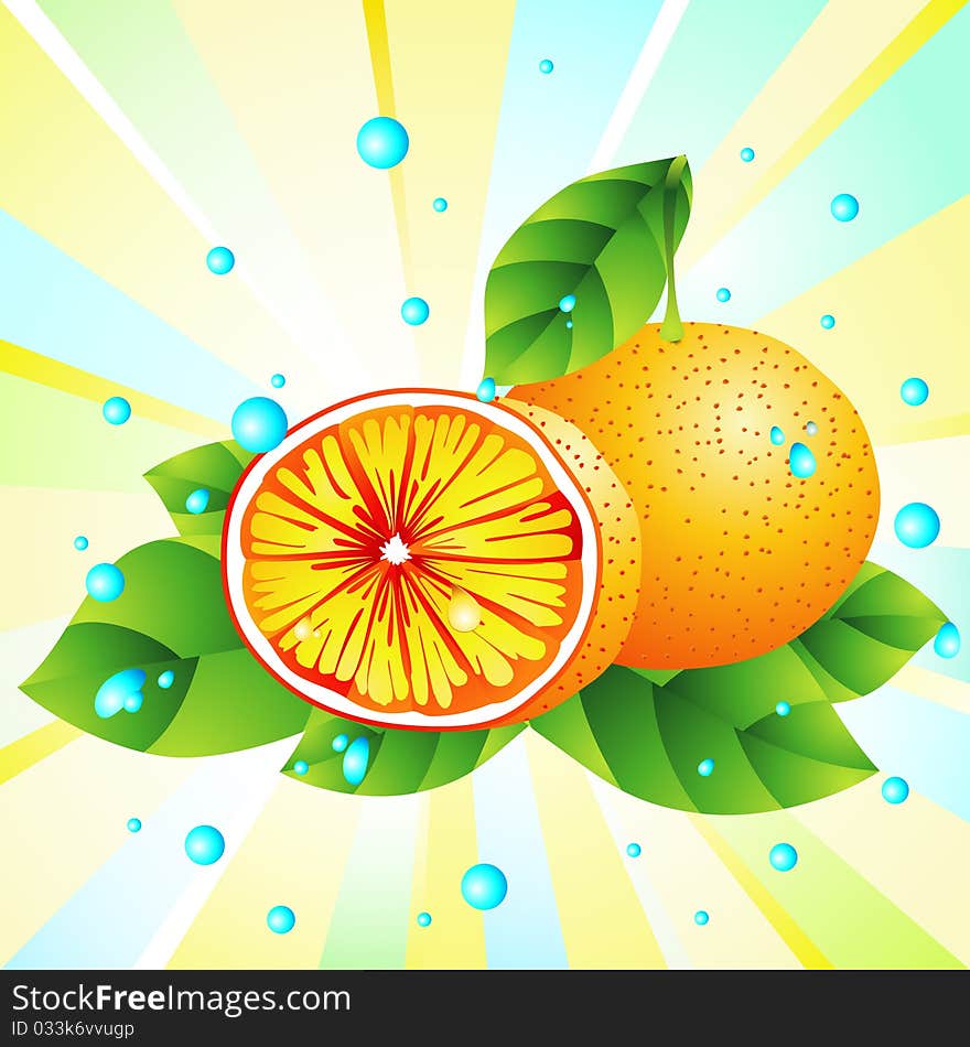 Group of fresh juicy oranges with leaves against blue and yellow background. Group of fresh juicy oranges with leaves against blue and yellow background