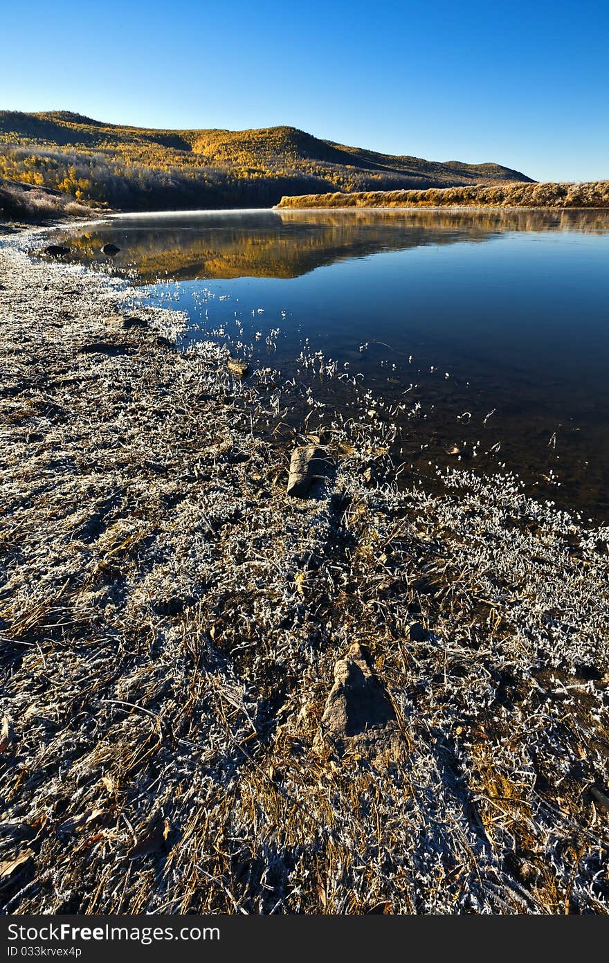 Forest's reflection on blue lake. Forest's reflection on blue lake.