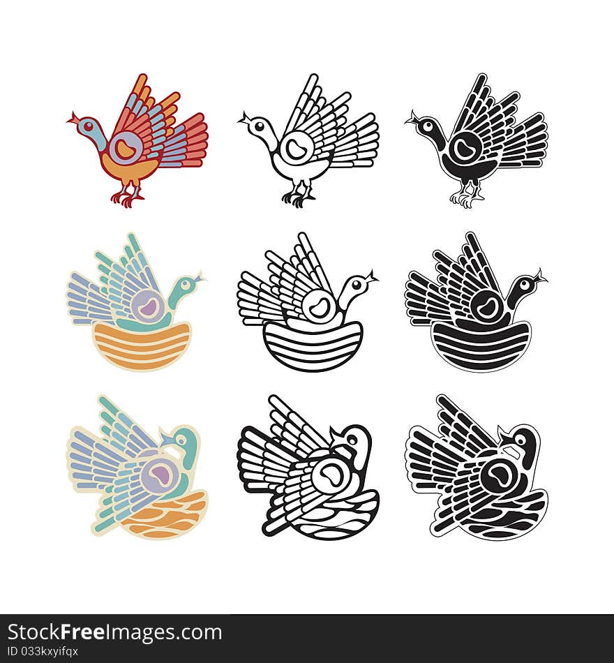 Three birds in ornamental folk style. Three birds in ornamental folk style