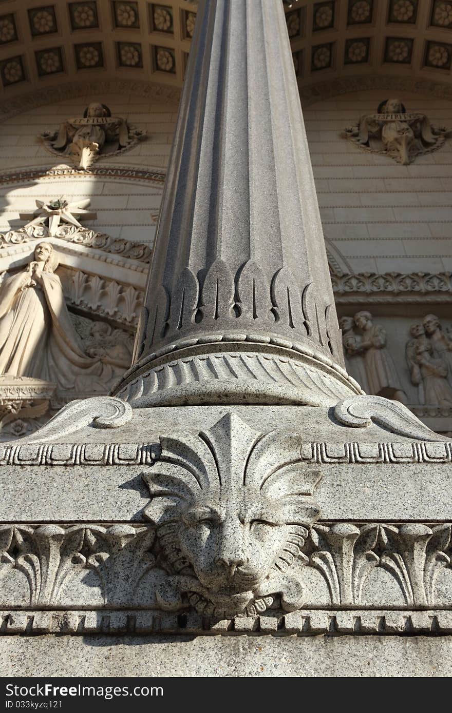 Details of elaborate and decorative architecture at the Basilica of Notre-Dame de Fourviere in Lyon, France. Details of elaborate and decorative architecture at the Basilica of Notre-Dame de Fourviere in Lyon, France