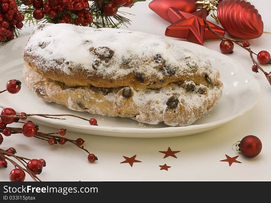 Traditional Christmas stollen filled with raisins. Traditional Christmas stollen filled with raisins.