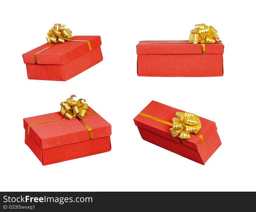 Red gift box with ribbon and bow on white background