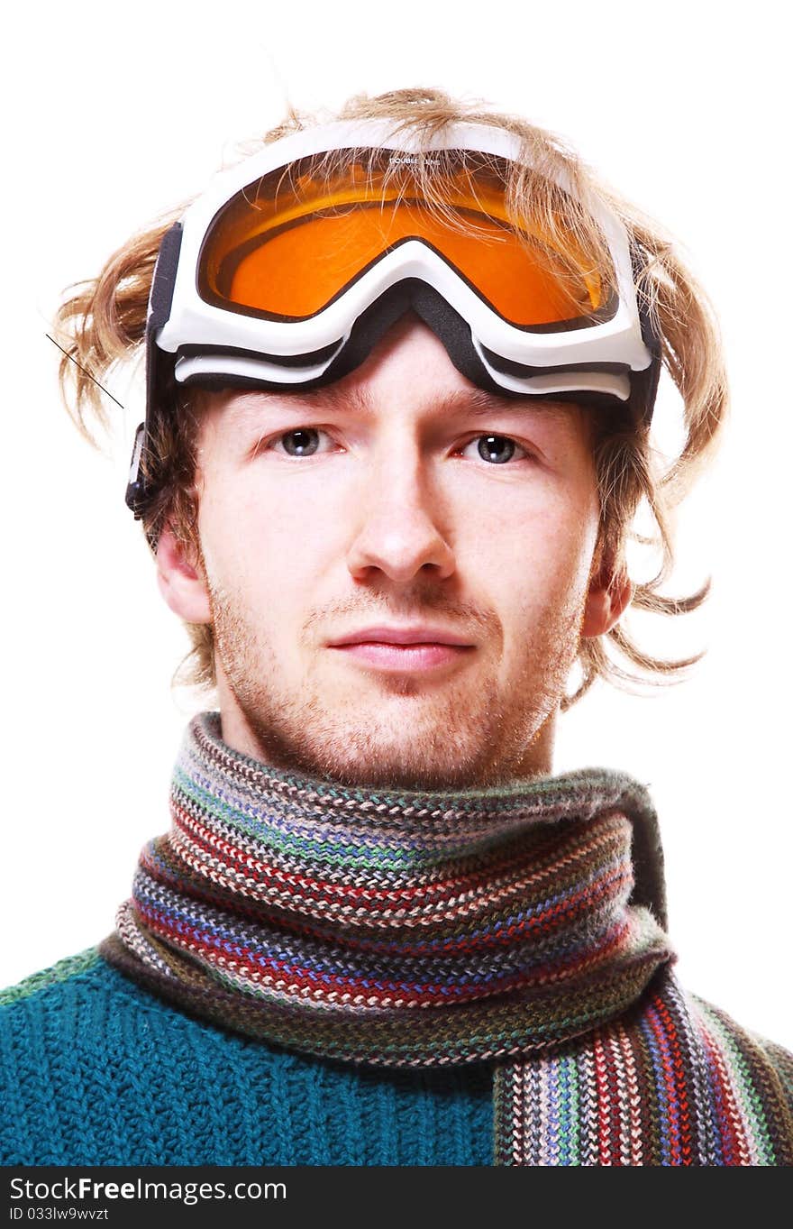 Snowboarder portrait isolated over white