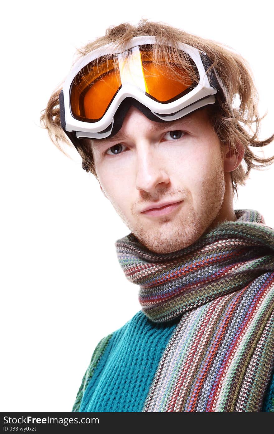 Snowboarder portrait isolated over white background