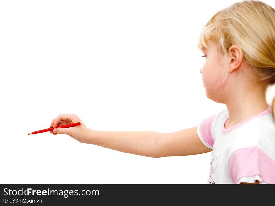 The girl wrote in pencil on a white wall, white background