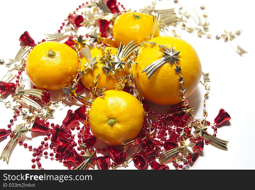 Christmas mandarins on white background. Christmas mandarins on white background