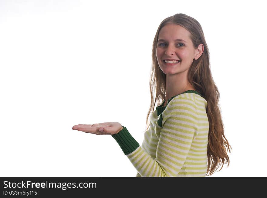 Beautiful Young Girl Shows the Open Palm of her Hand. Beautiful Young Girl Shows the Open Palm of her Hand