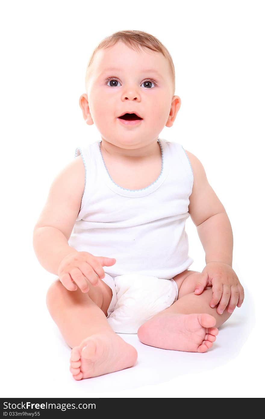 Funny happy baby boy isolated on white background